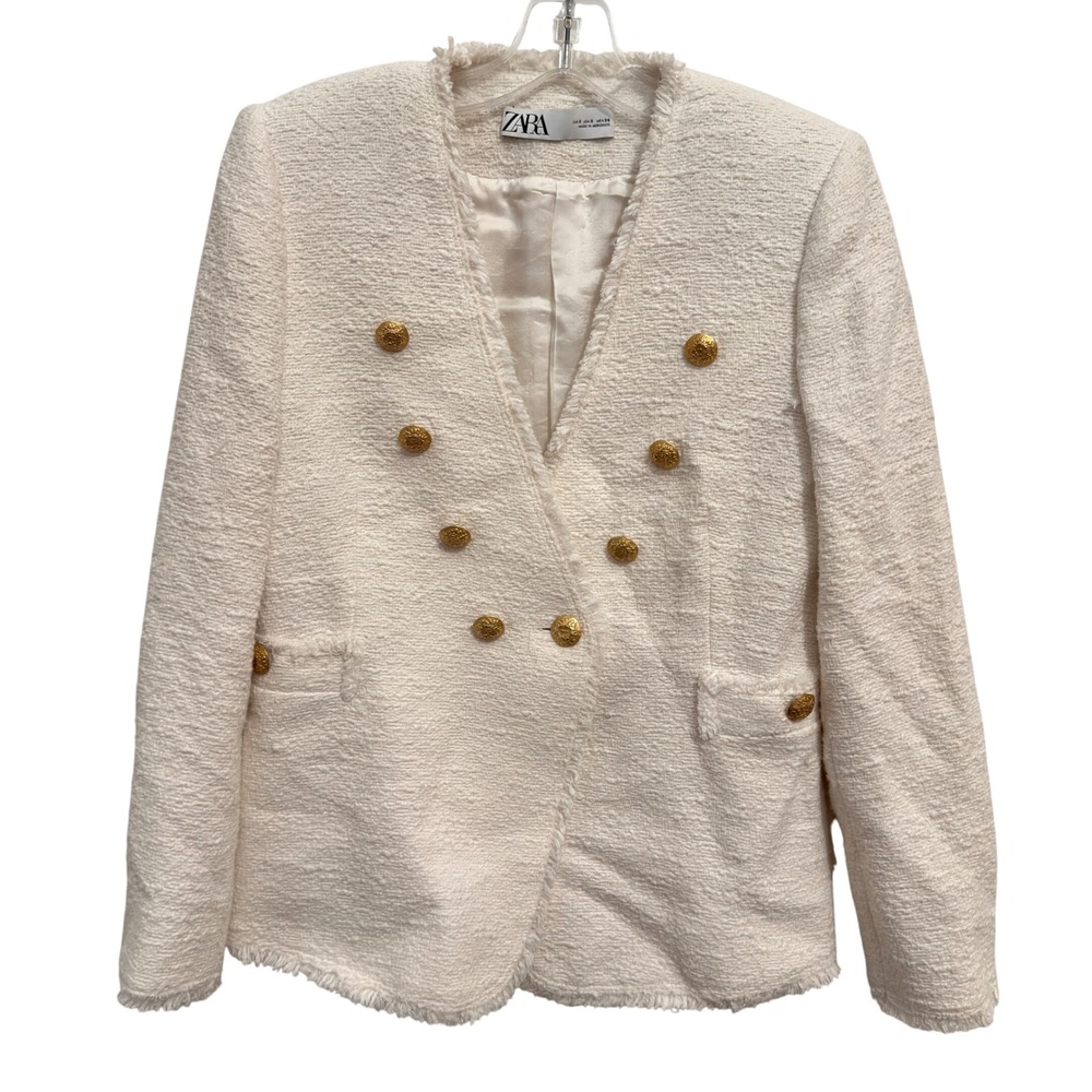 Zara Blazer Cream White Tweed Gold Button Double Breasted Fringe Trim Small